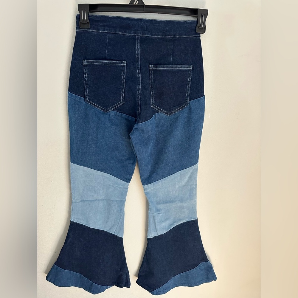 Altar’d State High Waisted Color Block Patch Bell Bottom Blue Size Medium - Picture 2 of 11
